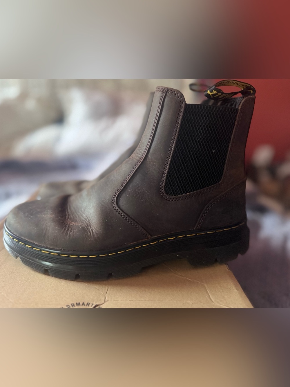 Dr. Martens Brown Leather Chelsea Boot with Yellow Stitching, Slip resistant!
